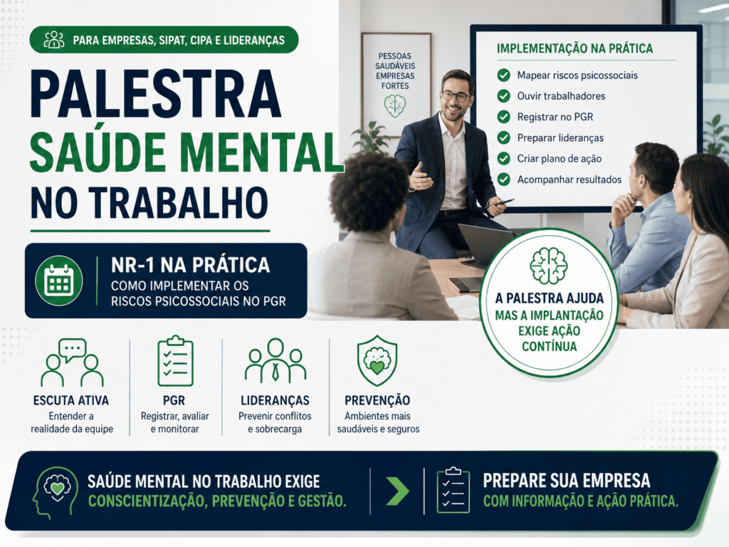 Palestra Saúde Mental no Trabalho sobre riscos psicossociais no PGR e NR-1